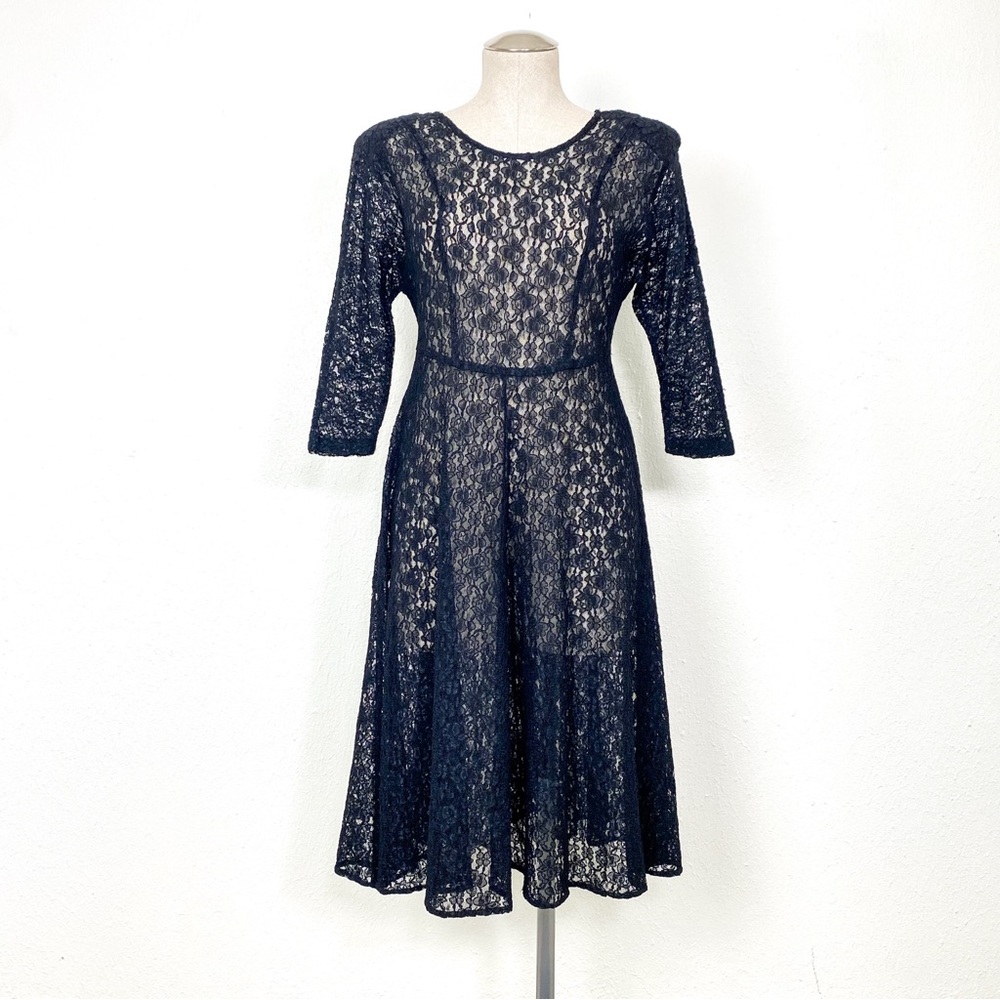 Small Medium 1990s Vintage Sheer Black Lace 3/4 Sleeve Fit and Flare Midi Dress